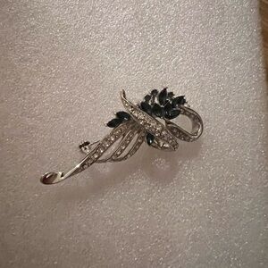 Silver-Tone Floral Crystal Brooch with Dark Blue Accents